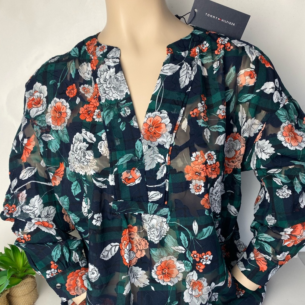 Tommy Hilfiger green plaid floral tunic shirt Sz M